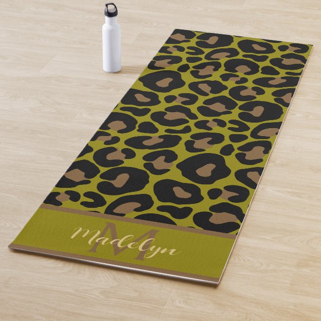 Animal print leopard olive green monogram name yoga mat (In Situ)