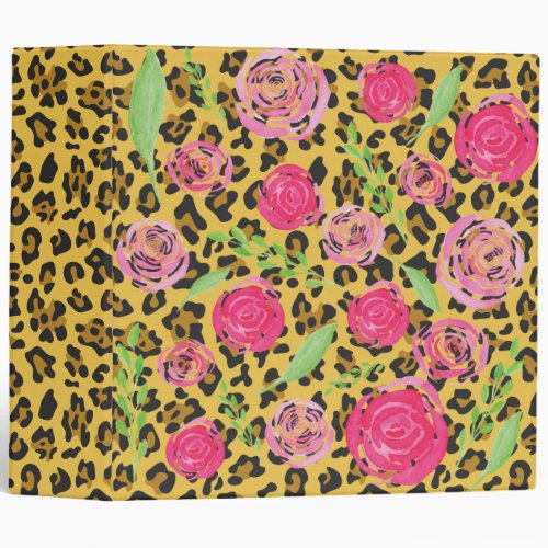 Animal Print Leopard Watercolor Pink Floral 3 Ring Binder