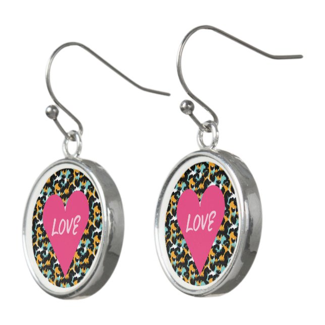 Animal Print Love Teal Heart Cheetah Earrings (Angled)