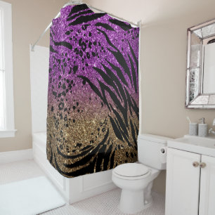 Animal Print on Purple & Gold Glitter Shower Curtain