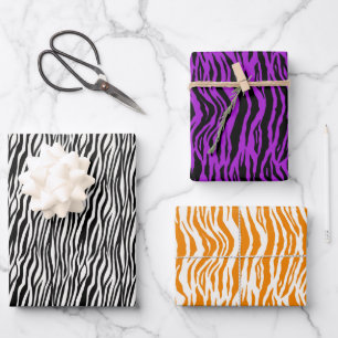 Animal Print Orange Purple Black White Zebra Wrapping Paper Sheets