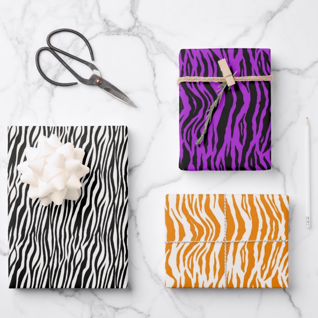 Animal Print Orange Purple Black White Zebra Wrapping Paper Sheets (Front)