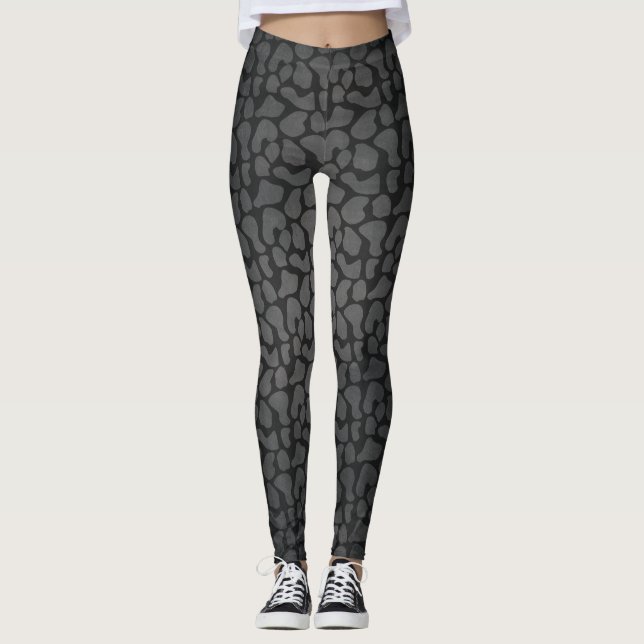 Animal Print Pattern, Gray Giraffe Spots on Black Leggings (Front)