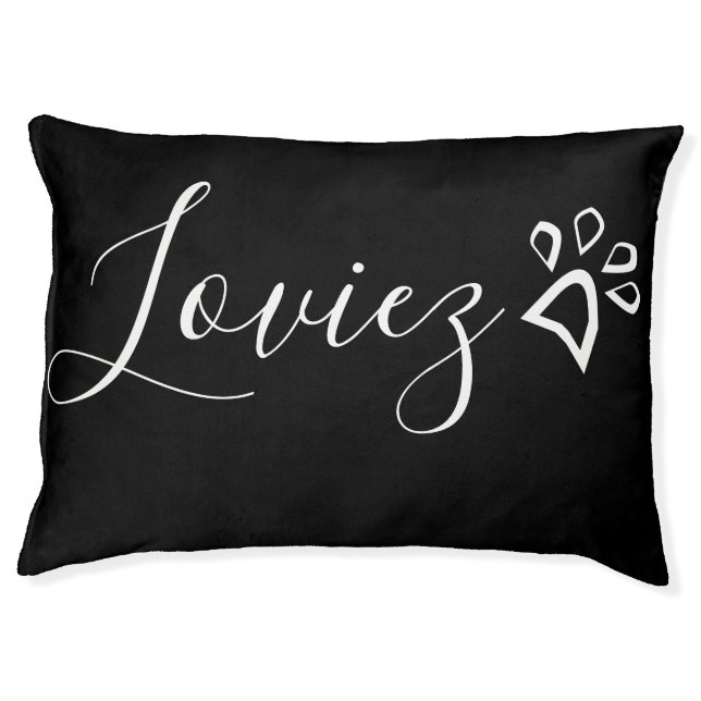 Animal Print Paw Name Pet Black Bed (Front)