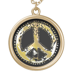 Animal Print Peace sign I + your backgr. & ideas Gold Plated Necklace