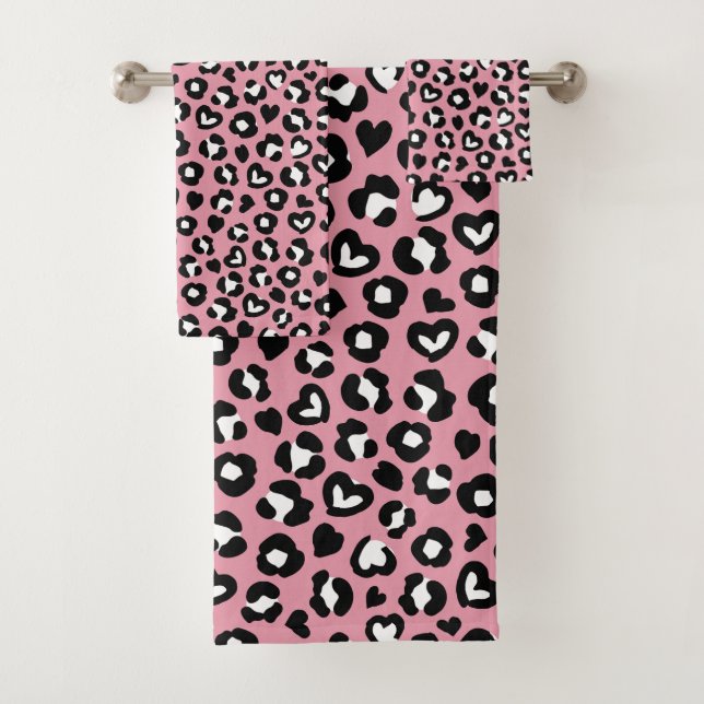 Animal Print, Pink Leopard, Cheetah Spots, Hearts Bath Towel Set (Insitu)