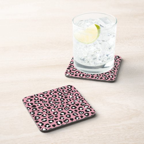 Animal Print Pink Leopard Cheetah Spots Hearts Beverage Coaster