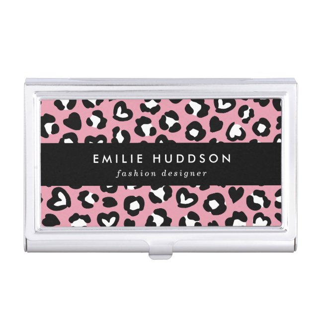 Animal Print, Pink Leopard, Cheetah Spots, Hearts Business Card Case (Front)
