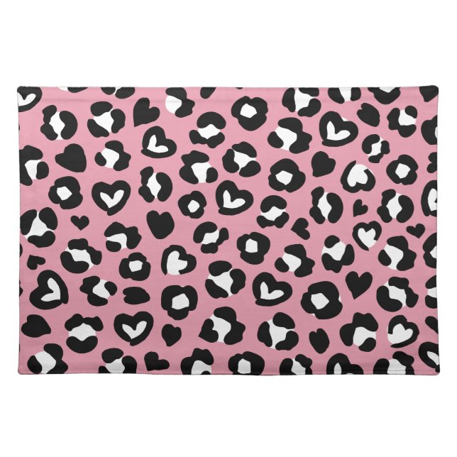 Animal Print, Pink Leopard, Cheetah Spots, Hearts Cloth Placemat (Front)