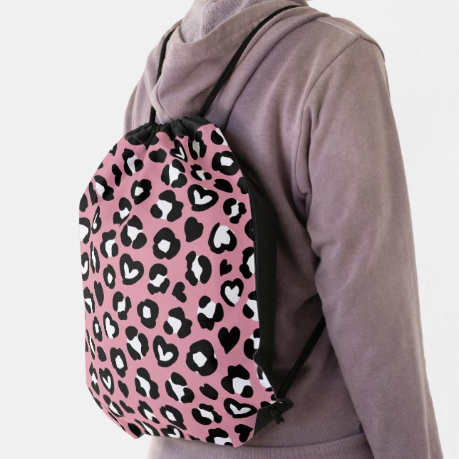 Animal Print, Pink Leopard, Cheetah Spots, Hearts Drawstring Bag (Insitu)