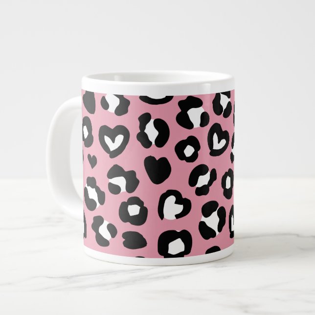 Animal Print, Pink Leopard, Cheetah Spots, Hearts Giant Coffee Mug (Front Left)