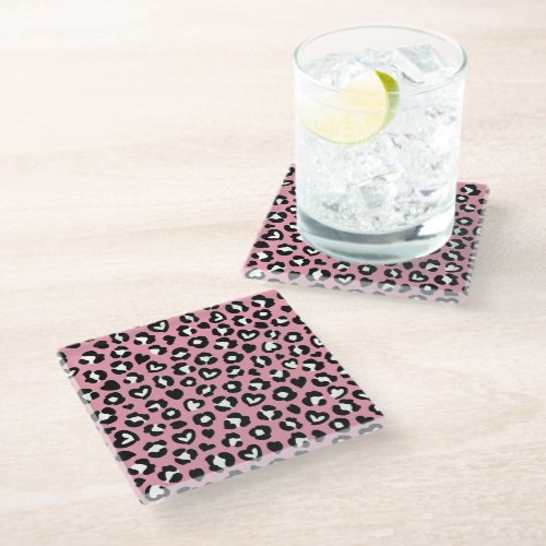 Animal Print Pink Leopard Cheetah Spots Hearts Glass Coaster