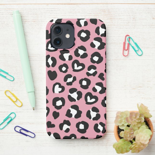Animal Print, Pink Leopard, Cheetah Spots, Hearts iPhone Case (On Desk)