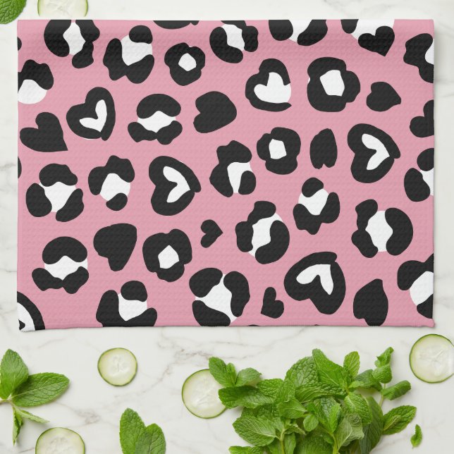 Animal Print, Pink Leopard, Cheetah Spots, Hearts Kitchen Towel (Folded)