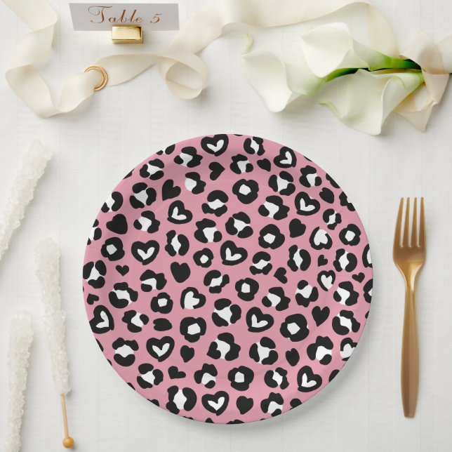 Animal Print, Pink Leopard, Cheetah Spots, Hearts Paper Plates (Wedding)