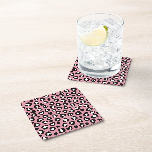 Animal Print, Pink Leopard, Cheetah Spots, Hearts Square Paper Coaster (Insitu)