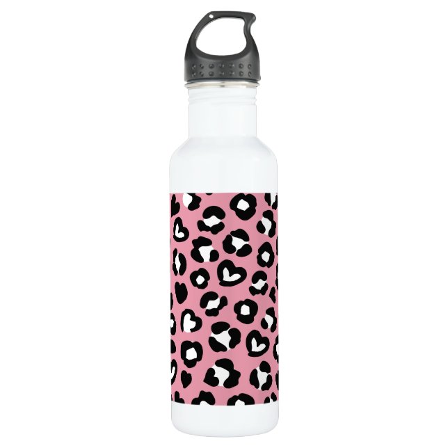Animal Print, Pink Leopard, Cheetah Spots, Hearts Stainless Steel Water Bottle (Front)