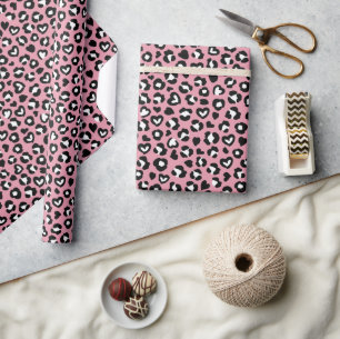 Animal Print, Pink Leopard, Cheetah Spots, Hearts Wrapping Paper