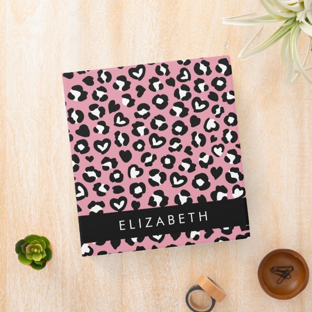 Animal Print, Pink Leopard, Hearts, Your Name 3 Ring Binder (In Situ)