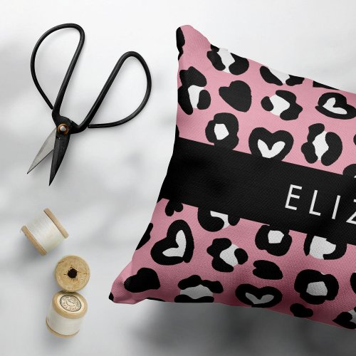 Animal Print Pink Leopard Hearts Your Name Accent Pillow