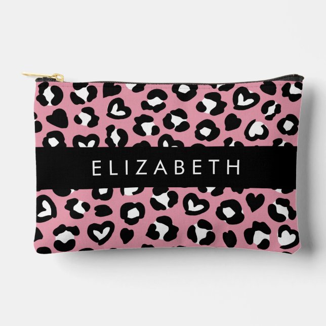 Animal Print, Pink Leopard, Hearts, Your Name Accessory Pouch (Front)