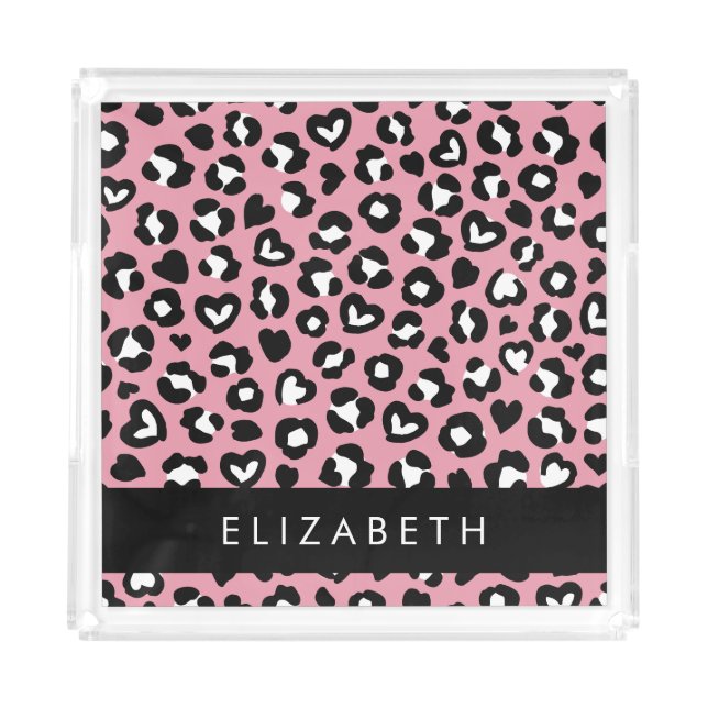 Animal Print, Pink Leopard, Hearts, Your Name Acrylic Tray (Front)