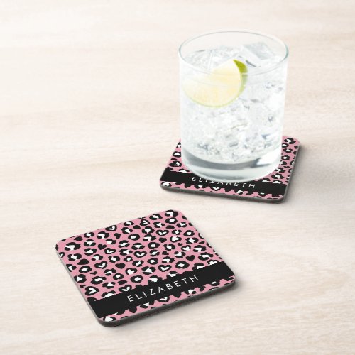 Animal Print Pink Leopard Hearts Your Name Beverage Coaster