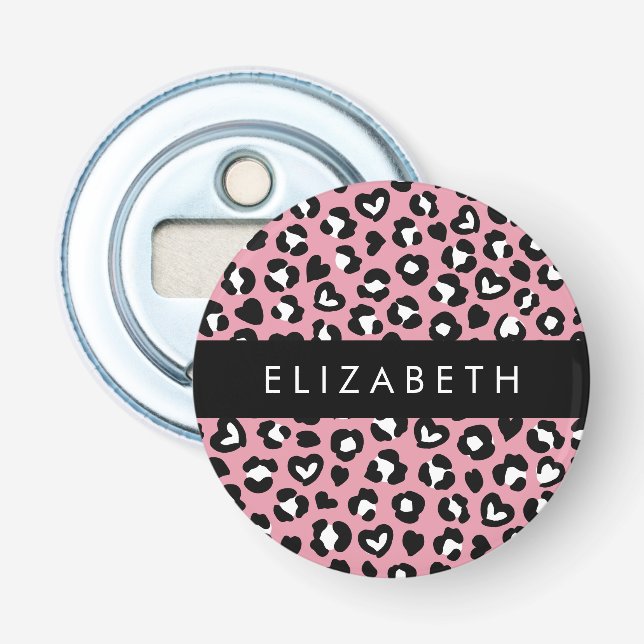 Animal Print, Pink Leopard, Hearts, Your Name Bottle Opener (Front)
