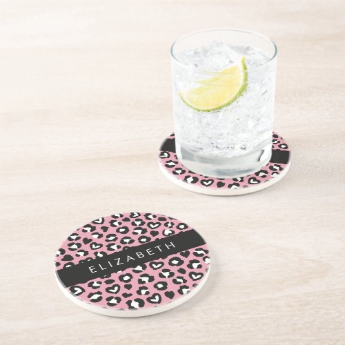 Animal Print Pink Leopard Hearts Your Name Coaster