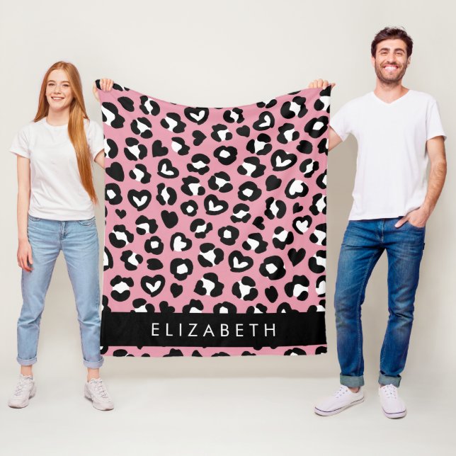 Animal Print, Pink Leopard, Hearts, Your Name Fleece Blanket (In Situ)