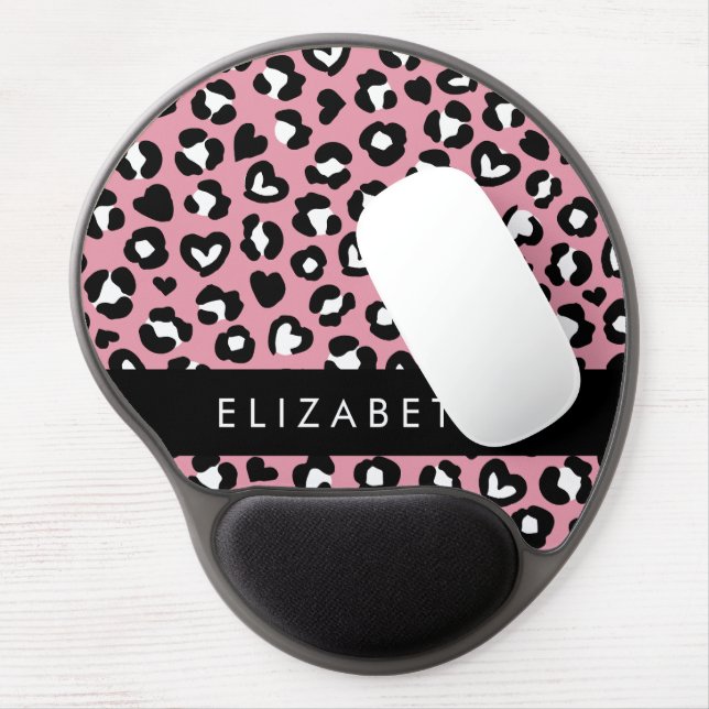 Animal Print, Pink Leopard, Hearts, Your Name Gel Mouse Pad (Left Side)