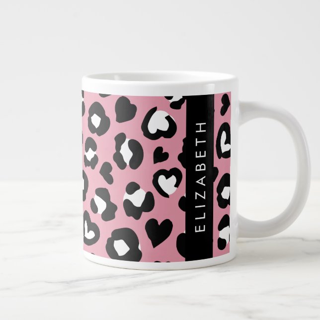 Animal Print, Pink Leopard, Hearts, Your Name Giant Coffee Mug (Right)