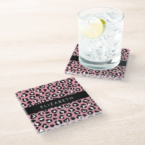 Animal Print Pink Leopard Hearts Your Name Glass Coaster