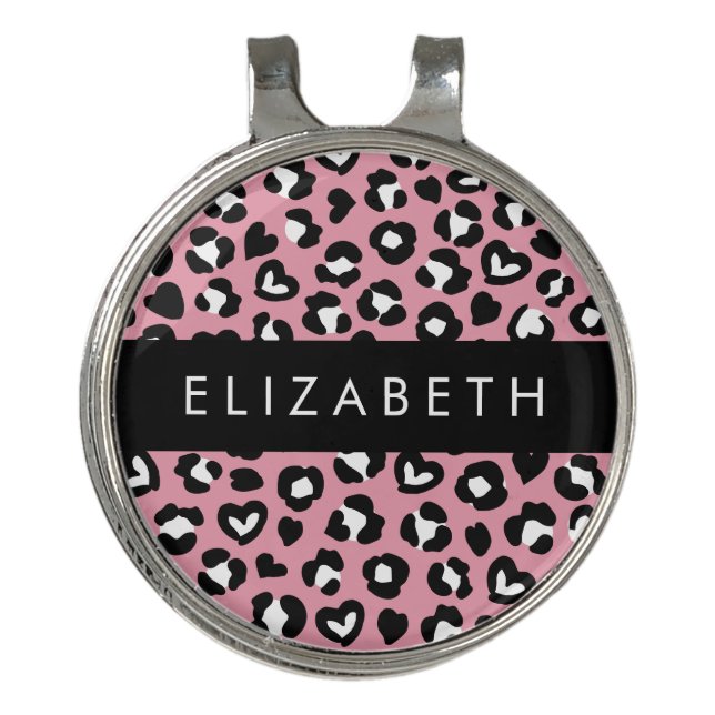 Animal Print, Pink Leopard, Hearts, Your Name Golf Hat Clip (Front)