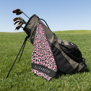 Animal Print, Pink Leopard, Hearts, Your Name Golf Towel