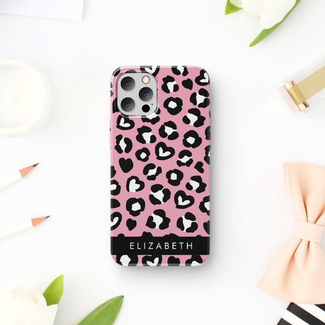 Animal Print, Pink Leopard, Hearts, Your Name iPhone Case (Creator Uploaded)
