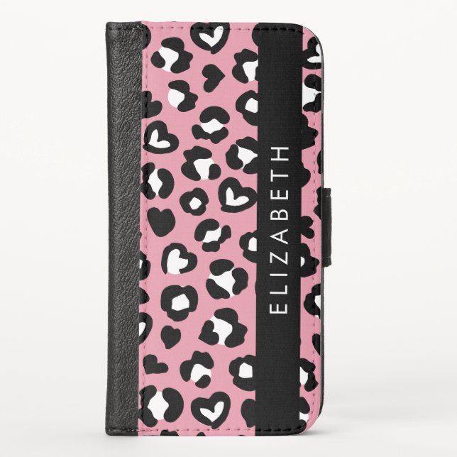 Animal Print, Pink Leopard, Hearts, Your Name iPhone Wallet Case (Front)