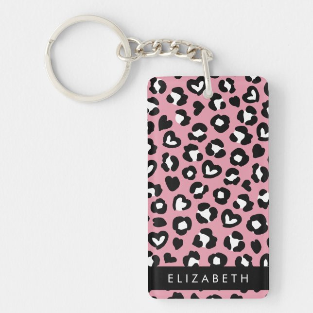 Animal Print, Pink Leopard, Hearts, Your Name Keychain (Front)