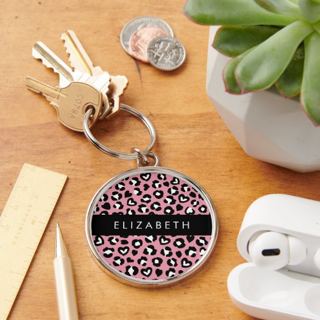 Animal Print, Pink Leopard, Hearts, Your Name Keychain (Desk)