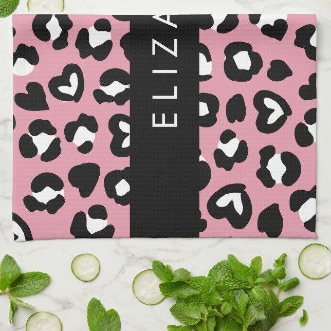 Animal Print, Pink Leopard, Hearts, Your Name Kitchen Towel (Folded)