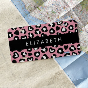 Animal Print, Pink Leopard, Hearts, Your Name License Plate