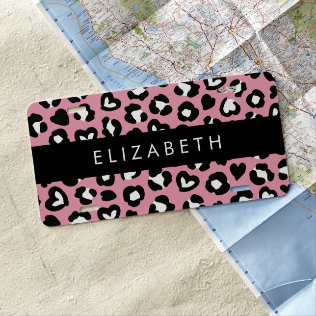 Animal Print, Pink Leopard, Hearts, Your Name License Plate (In Situ)
