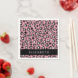 Animal Print, Pink Leopard, Hearts, Your Name Napkins