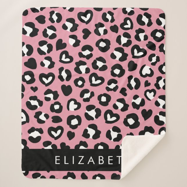Animal Print, Pink Leopard, Hearts, Your Name Sherpa Blanket (Front)