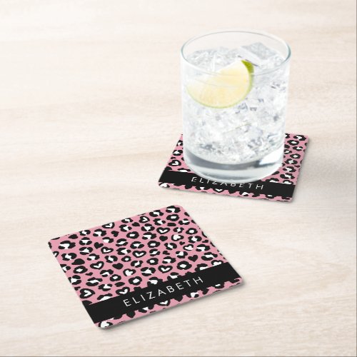 Animal Print Pink Leopard Hearts Your Name Square Paper Coaster