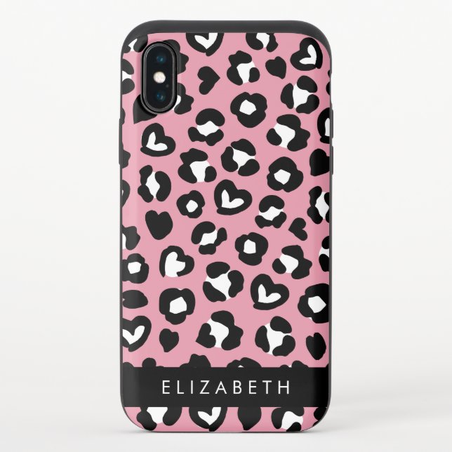 Animal Print, Pink Leopard, Hearts, Your Name Uncommon iPhone Case (Back)