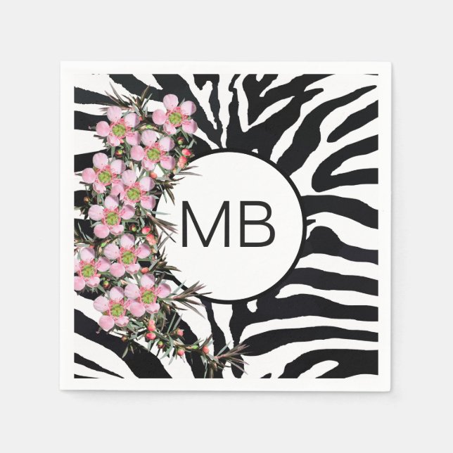 Animal Print Pink Wild Flower Monogram Black White Napkins (Front)