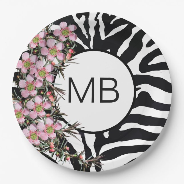 Animal Print Pink Wild Flower Monogram Black White Paper Plates (Front)