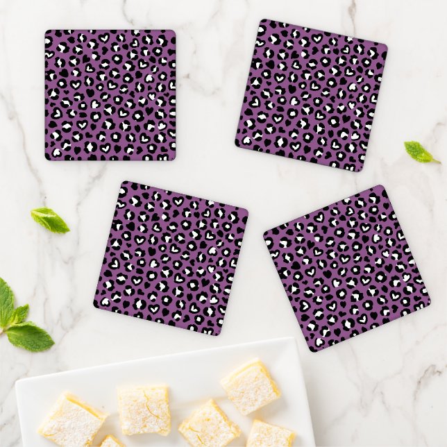 Animal Print, Purple Leopard, Cheetah Spots, Heart Coaster Set (In Situ)