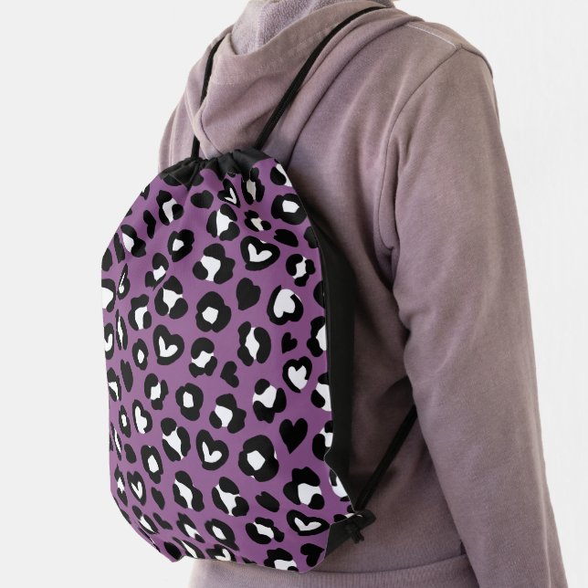 Animal Print, Purple Leopard, Cheetah Spots, Heart Drawstring Bag (Insitu)